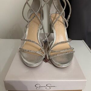 Jessica Simpson Metallic Silver Rhinestone Strappy High Heels